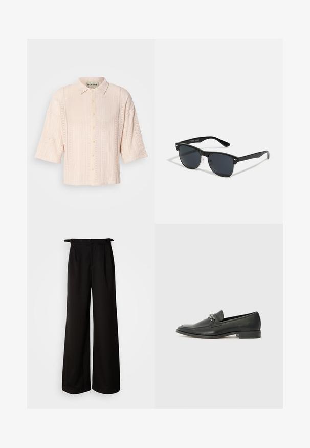 Gaišs rozā īsām piedurknēm krekls ar apkakli, kuram ir strukturēts adījuma raksts un pogu aizdare priekšpusē.; Melni platajās bikses ar augstu jostasvietu, ar krokām un saitēm malās, izgatavotas no gludas, struktūrētas auduma.; Melna ādas loafer izmēra apavi ar gludu virsmu, piedāvā ar šūtu dizainu un dekoratīvu metāla ķēdes akcentu pār vampu. Plakana papēža daļa.; Melnas saulesbrilles ar taisnstūra formu, tumšiem stenģiem, sudraba akcentiem pie tempļiem un matētu apdari uz rāmja.