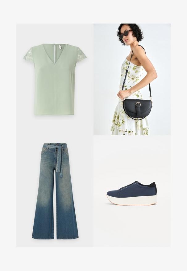 Light green blouse with V-neck and short lace sleeves, featuring a small back opening and a smooth fabric texture.; Wide-leg denim trousers featuring a light to dark blue gradient, high waist, belt loops, and a matching fabric belt. Textured denim finish.; Navy blue sneaker with a textured fabric upper, white platform sole, rounded toe, and black heel accent. Features six eyelets for laces.; Black leather handbag with a curved shape, detachable strap, and gold hardware. The bag features a flap with a buckle detail.