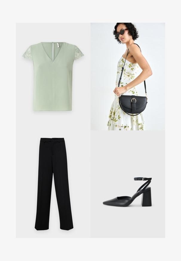 Light green blouse with V-neck and short lace sleeves, featuring a small back opening and a smooth fabric texture.; Black wide-leg trousers made of smooth fabric, featuring a classic waistband with a button closure and front pleats.; Black leather pointy-toe pump with an ankle strap and a chunky heel. Flat texture, sleek design, and minimalistic aesthetics.; Black leather handbag with a curved shape, detachable strap, and gold hardware. The bag features a flap with a buckle detail.