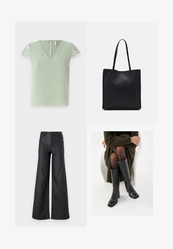 Light green blouse with V-neck and short lace sleeves, featuring a small back opening and a smooth fabric texture.; Black, wide-leg pants in a faux leather material. Features a high waist, belt loops, two front pockets, and stitched detailing.; Knee-high black leather boots with a squared toe and block heel, shown with a model seated in an olive green coat. Smooth texture, minimal detailing.; Black leather tote bag with smooth texture, rectangular shape, and two long handles. No visible hardware or embellishments.