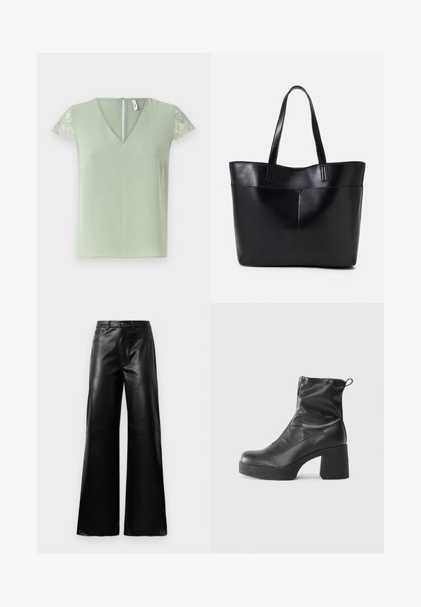 Lys grøn bluse med V-hals og korte blondeærmer, der har en lille åbning i ryggen og en glat stofstruktur.; Sorte high-waisted bukser i bred ben i imiteret læder med forreste knap, lynlås, bæltestropper og sidelommer på hvid baggrund.; Sorte ankelstøvler lavet af glat læder, med en sidelukning, kraftig struktureret hæl og rundt tådesign.; Sort læder tote taske med to lange håndtag, en glat tekstur og en struktureret form. Har en forlommem for ekstra opbevaring.