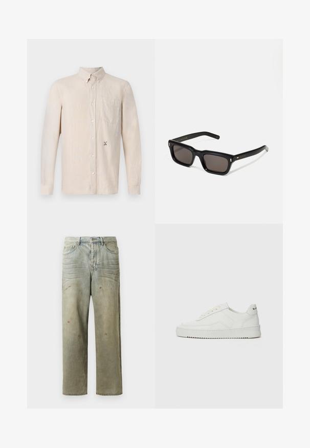 Light beige long-sleeve shirt with a collared neck, button-down front, single chest pocket, and subtle embroidered design on the left side.; White short-sleeve t-shirt in cotton fabric with a round neckline. Simple design with no patterns or accents. Smooth texture.; Distressed denim jeans in light green, featuring a straight leg, five-pocket design, and uneven fading with paint splatters.; White leather sneaker with a smooth finish, round toe, flat laces, and a textured sole. Features a subtle logo on the heel.; Black rectangular sunglasses with dark lenses, thick plastic frame, gold accents on temples, and brand logo engraved on the arm.