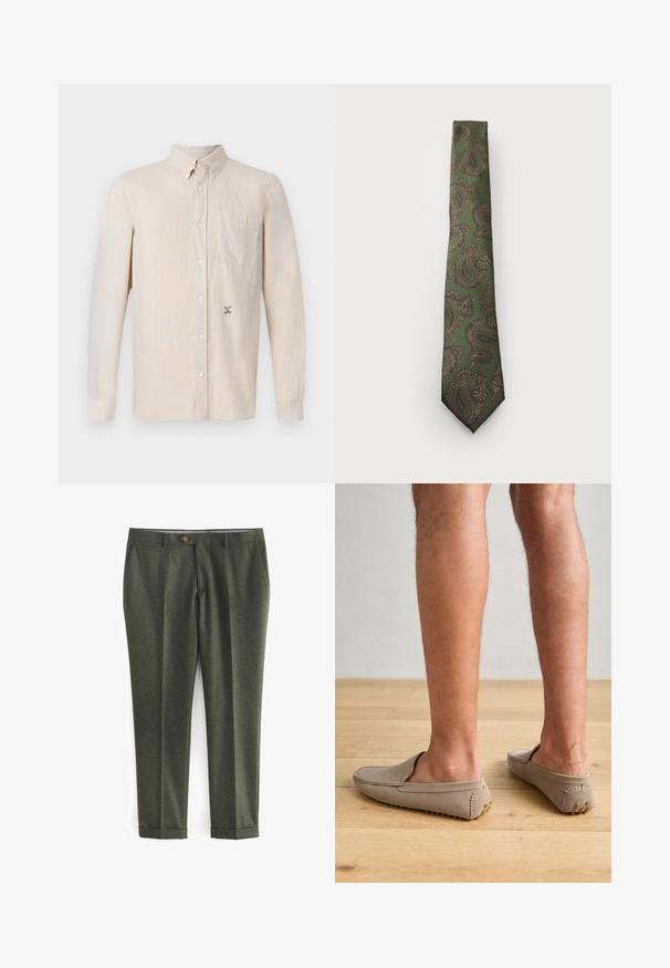 Camicia a maniche lunghe color beige chiaro con colletto, apertura frontale con bottoni, taschino sul petto e un delicato ricamo sul lato sinistro.; Pantaloni verde scuro realizzati in tessuto testurizzato, con tasche laterali, chiusura frontale a bottone e risvolti per un look sartoriale.; Scarpe beige in suede senza lacci con punta arrotondata e cuciture decorative, dotate di suole in gomma testurizzata con piccoli accenti dorati.; Cravatta verde con motivo paisley in marrone e oro. Presenta un tessuto testurizzato e un design stretto con una punta appuntita.; Orologio digitale Casio con cinturino in metallo rosa dorato, cassa rettangolare, display illuminato e resistenza all'acqua, che mostra l'ora e la data.