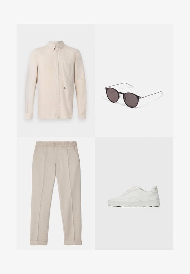 Kerge beež pikka varrukaga särk, millel on kraega kaelus, nööpidega eesmine osa, üks rinna tasku ja peen brodeeritud muster vasakul külgedel.; Filippa K TERRY CROPPED TROUSERS - Püksid - sage melange; Valge nahast tennis, millel on sile põhi, ümar varvas, lamedad nöörid ja tekstuuriline tall. Sisaldab diskreetset logo kontsaribal.; Mustad mustad prillid tumedate läätsedega ja õhukeste metallist käepidemetega. Kaarja kujuga seljaosa ja hõbedased aktsendid hingel. Minimalistlik disain.