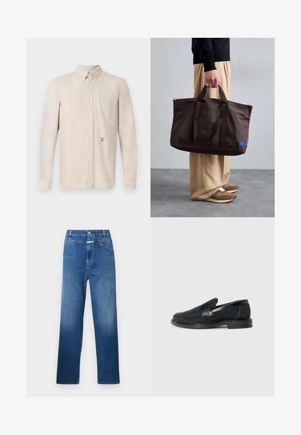 Világos bézs színű, hosszú ujjú ing, galléros nyakkal, gombos elülső résszel, egyetlen mellzsebbel és finom hímzett mintával a bal oldalon.; Kék farmernadrág egyenes szárvágással, gombos záródással, övpántokkal és enyhe kopással a comboknál.; Fekete szőtt slip-on cipő sima bőr díszítéssel a felsőrészen, kerek orral és alacsony profilos gumitalppal.; Barna nylon válltáska dupla fogantyúval, cipzáros záródással és kék logós címerrel. Simább textúrájú, strukturált kialakítás, tágas belső tér.