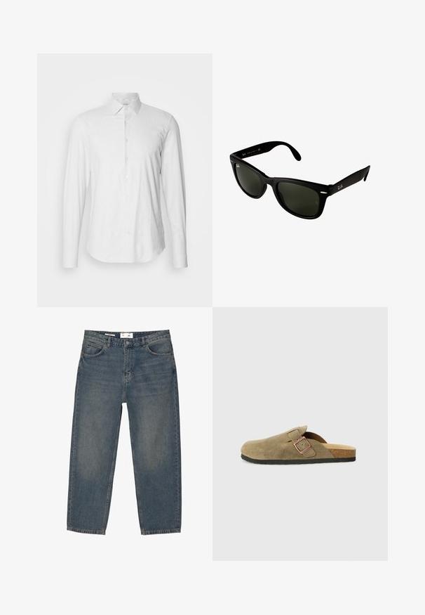 Witte lange mouwen knoopblouse met subtiele verticale strepen, klassieke kraag en gebogen zomen, met een gladde textuur en regular fit.; Blauwe spijkerbroek met een ruime pasvorm, met een klassieke vijf-pocketontwerp en minimale vervaging. Inclusief een knoopsluiting en riemlussen.; Suède pantoffel in klompstijl in olijfgroen met een smalle band en metalen gesp. Voorzien van een kurkvoetbed en zwarte rubberen zool.; Zwarte kunststof zonnebril met donkergroene lenzen. Het vierkante frameontwerp heeft zilveren accenten en een reliëflogo op de poot.