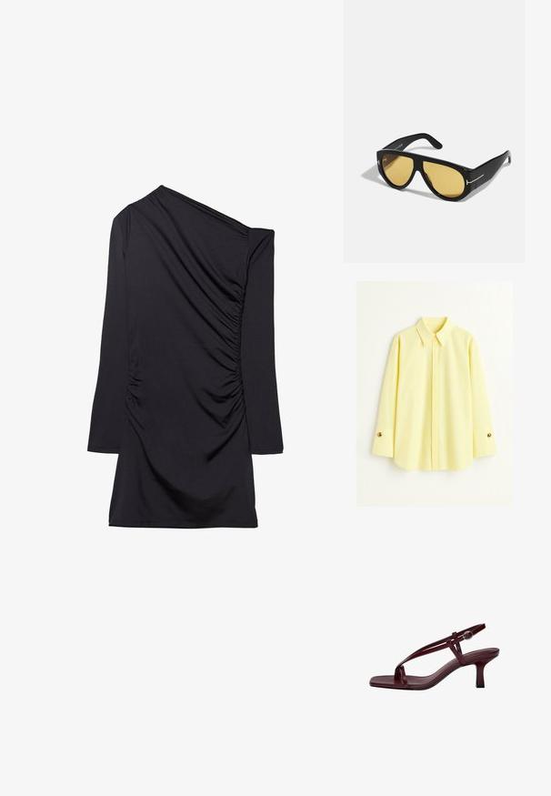 Gul langærmet skjorte lavet af et let stof. Har en klassisk krave og guldknapdetaljer på manchetterne. Glat tekstur.; Sort kjole med én skulder, lange ærmer og indsamlet tekstur på siden. Fremstillet af blødt, strækbart stof.; Bordeaux højhælede sandaler med firkantet tå, slanke stropper og en ankelrem med spænde. Glat lædertekstur og en slank, blokhæl.; Sorte solbriller med en geometrisk ramme, gule linser og gyldne detaljer på stængerne. Glat tekstur, bred form, moderne design.