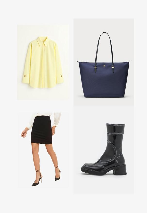 Žltá košeľa s dlhým rukávom vyrobená z ľahkej tkaniny. Má klasický golier a zlaté gombíkové detaily na manžetách. Hladký povrch.; Čierna priliehavá mini sukňa, hladká tkanina, stredný pás, spárovaná s čiernymi lodičkami s špicatou špičkou a členkovými popruhmi.; Čierne lakované kožené členkové čižmy s bielym prešívaním, zaoblenou špičkou a blokovým podpätkom. Majú zakrivené línie dizajnu a hladkú textúru.; Námornícky modrá taška cez rameno vyrobená z texturovanej látky, s čiernymi koženými uchami a zlatými kovovými doplnkami. Zips na vrchu.