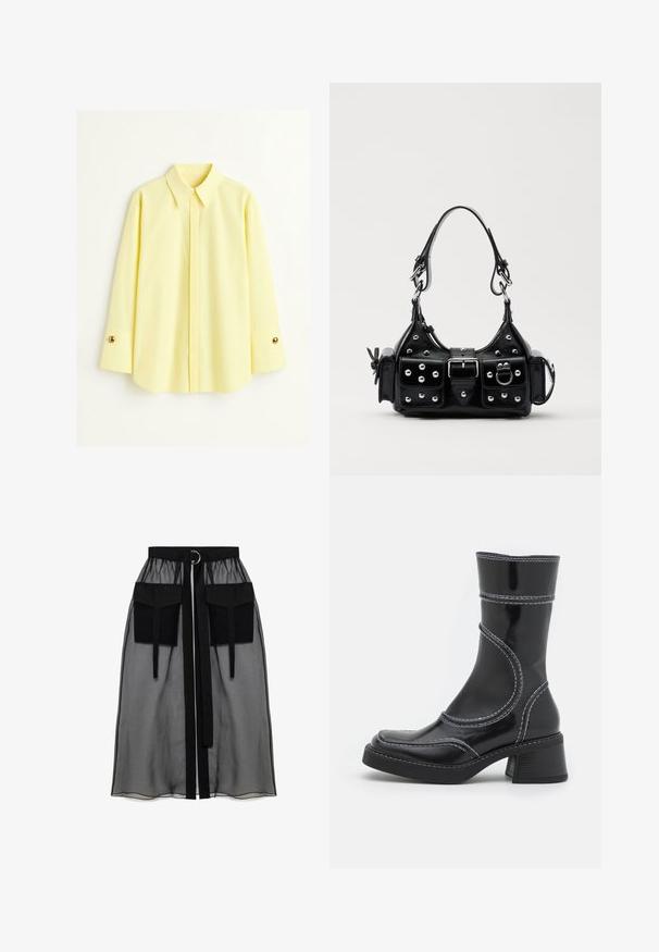 Żółta koszula z długim rękawem wykonana z lekkiego materiału. Posiada klasyczny kołnierzyk oraz złote guziki na mankietach. Gładka tekstura.; Czarna przezroczysta spódnica z marszczeniem w pasie, posiadająca dwie dużej wielkości kieszenie z przodu, pasek w talii oraz okrągły metalowy akcent.; Czarne lakierowane botki za kostkę z białym przeszyciem, okrągłym noskiem i słupkowym obcasem. Posiadają zakrzywione linie designu oraz gładką teksturę.; Czarna skórzana torebka w zakrzywionym kształcie, z srebrnymi ćwiekami, klamrą i dwoma bocznymi kieszeniami. Regulowany pasek umożliwiający różne opcje noszenia.
