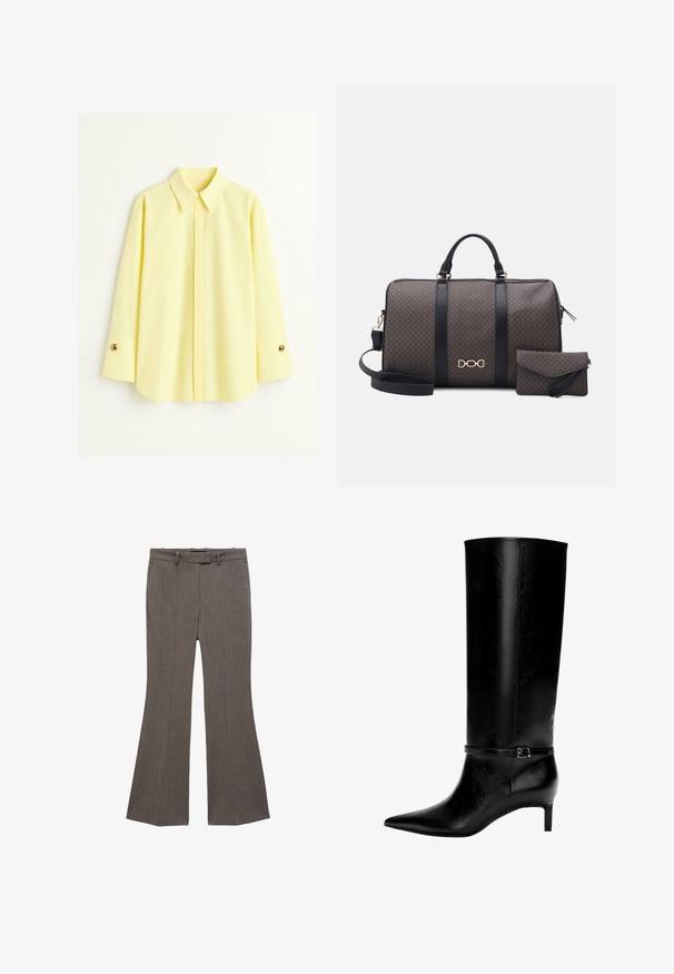 Žlutá košile s dlouhým rukávem vyrobená z lehkého materiálu. Má klasický límeček a zlaté knoflíkové detaily na manžetách. Hladký povrch.; Hnědé rozšířené kalhoty z texturované látky, s rovným předním dílem, poutky na pásek a klasickým středním pasem. Žádné viditelné kapsy.; Černá kožená vysoká bota po kolena s špičatou špičkou a malým podpatkem. Obsahuje úzký pásek s kovovou sponou kolem kotníku. Hladký povrch.; Hnědá vzorovaná cestovní taška s černými popruhy a zlatým logem; obsahuje malou odpovídající taštičku; zapínání na zip a robustní provedení.