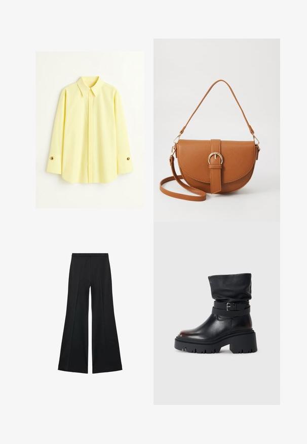 Yellow long-sleeve shirt made of a lightweight fabric. Features a classic collar and gold button detail on the cuffs. Smooth texture.; Black wide-leg pants with a smooth texture, featuring front pleats and a tailored design. The fabric is lightweight and flowy.; Black leather ankle boot with a slouchy upper, buckle detail, and thick, rugged sole. Features a round toe and smooth texture.; Brown leather crossbody bag with a curved shape, gold hardware, and a buckle accent. Features a detachable shoulder strap.