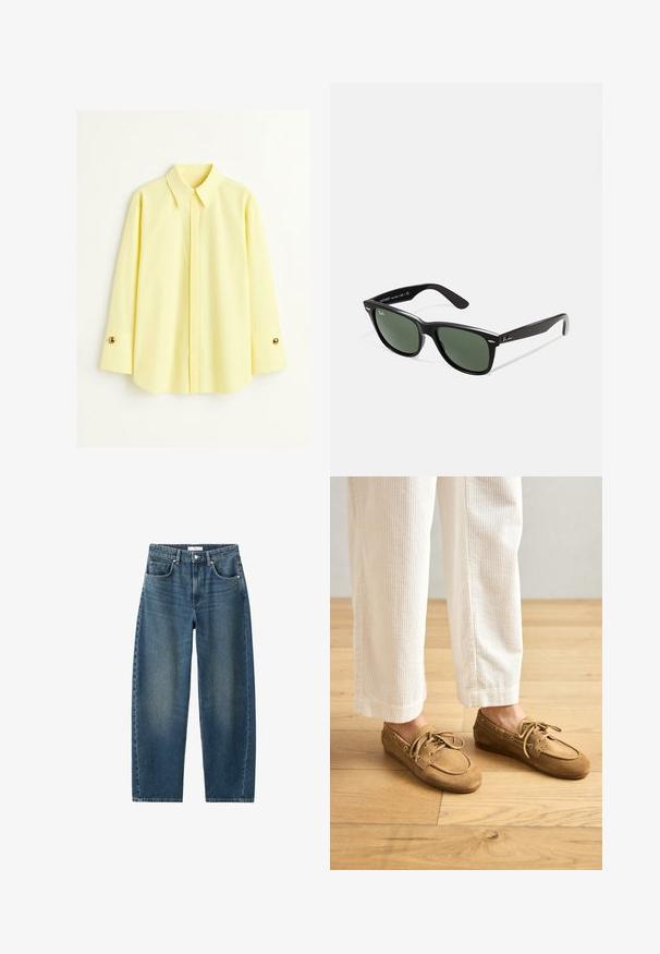 Yellow long-sleeve shirt made of a lightweight fabric. Features a classic collar and gold button detail on the cuffs. Smooth texture.; Dark blue denim jeans with a straight leg, five-pocket design, and a classic button closure. Soft texture with subtle fading.; Brown suede boat shoes with laces, featuring a rounded toe and stitched accents. Worn with white corduroy pants in a wooden setting.; Black plastic sunglasses with green lenses, square frames, silver accent on the brow, and textured temple arms. Stated brand on inner arm.; Woven yellow handbag with a curved top handle and an unstructured shape. The textured surface features a crisscross pattern throughout.
