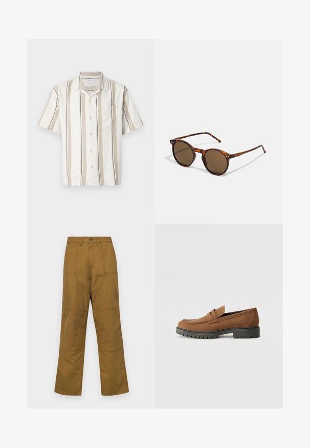 Lühikeste varrukatega beez ja valgete triipudega särk, millel on tekstuuriga muster, üks rinnatasku ja klassikaline krae, valmistatud kergest kangast.; Pruunid, laiad püksid, mis on valmistatud pehmest kangast, millel on sile tekstuur, varustatud klapptaskute ja tugevdatud õmblustega vastupidavuse tagamiseks.; Pruun sametist loafers, millel on ümar varvas ja madal must kummitald, koos dekoratiivse rihma ja ülemise osa õmblustega.; Ringikujulised prillid kilpkonnakuju raami ja pruuni läätsedega. Omavad õhukesi templeid kerge tekstuuriga ja metallaktsente läätsede lähedal.