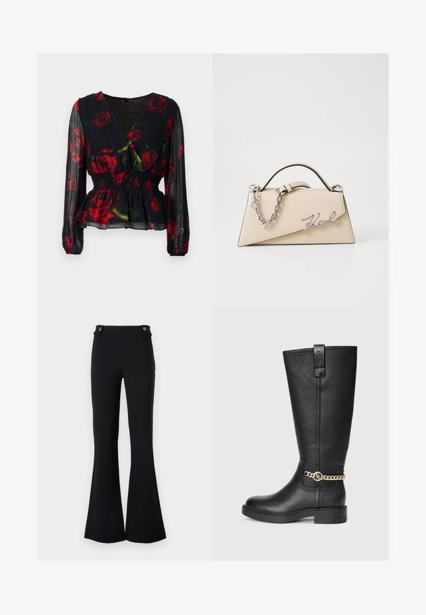 Dark floral blouse with a wrap design, red roses on a black background, sheer fabric, long sleeves, smocked waist, and ruffled hem.; Black flared pants made of stretchy material. Features two gold-tone buttons at the waist. Smooth texture and fitted through the hips.; Black leather knee-high boot with a textured finish, featuring a decorative gold chain accent and a flat rubber sole.; Beige leather handbag with a structured, triangular shape, featuring a silver chain handle and a cursive logo in metal.