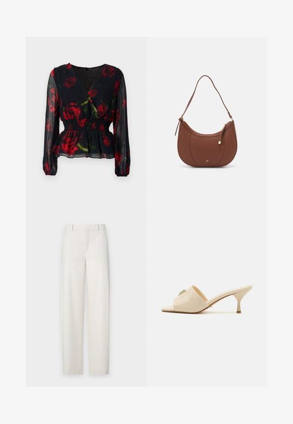 Bluză florală închisă, cu un design tip wrap, cu trandafiri roșii pe un fundal negru, din material transparent, cu mâneci lungi, talie elastică și tiv franjurat.; Pantaloni bej deschis, realizați dintr-un material neted, cu o croială dreaptă, față plată, bucle pentru curea și buzunare laterale.; Sandale mule cu vârful deschis din piele lăcuită bej, cu toc stiletto mic. Dispune de un accent decorativ central pe partea superioară. Finisaj neted și lucios.; Geantă de umăr din piele ecologică maro, cu o formă curbată, cusături minime și un accent din metal auriu. Are un închidere cu fermoar în partea de sus și o curea ajustabilă.