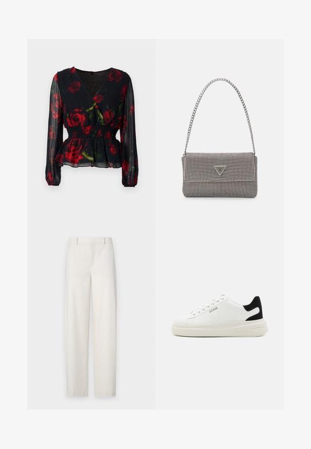 Blouse à fleurs sombres avec un design enveloppant, roses rouges sur un fond noir, tissu transparent, manches longues, taille smockée et ourlet ruffled.; Un pantalon beige clair en tissu lisse, avec une coupe droite, une taille plate, des passants de ceinture et des poches latérales.; Baskets en cuir blanc avec une épaisse semelle blanche, un accent en daim noir au niveau du talon et un logo embossé sur le côté. Design à lacets avec six œillets.; Sac à main en métal gris clair avec une bandoulière en chaîne, orné de petits clous métalliques ronds et d'un logo de marque triangulaire.