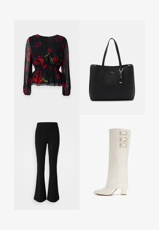 Donkere bloemenblouse met een wikkelontwerp, rode rozen op een zwarte achtergrond, doorschijnende stof, lange mouwen, gerimpelde taille en een ruches zoom.; Zwarte flared broek gemaakt van een rekbaar materiaal met een gladde textuur, met naaddetails aan de voorkant voor extra ontwerp.; Kniehoge witte leren laars met een spitse neus, drie metalen gespen en een vierkante blokhak. Glad textuur, minimalistisch ontwerp.; Zwarte tote bag van gestructureerd synthetisch materiaal, met twee handvatten, een gouden logo plaatje en een klein label met accentdetail.