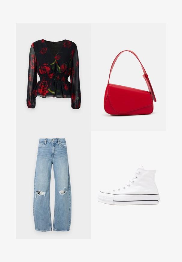 Dunkelbluse mit floralem Muster und Wickeldesign, rote Rosen auf schwarzem Hintergrund, durchscheinender Stoff, lange Ärmel, gesmokter Bund und Rüschensaum.; Helles, hochtailliertes Jeans aus Denim. Hat weit geschnittene Beine, zwei aufgerissene Kniebereiche und klassischen Fünf-Taschen-Stil.; Weiße hochwertige Leinensneaker mit schwarzer Gummisohle, vorderem Gummizehenschutz und sechs Ösen für Schnürsenkel, die ein sauberes, minimalistisches Design aufweisen.; Rote Lederhandtasche mit einem kantigen, geometrischen Design. Verfügt über einen verstellbaren Schulterriemen und einen Klappenverschluss mit genähten Details.