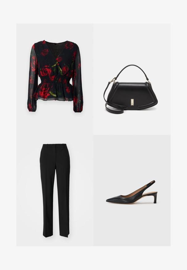 Donkere bloemenblouse met een wikkelontwerp, rode rozen op een zwarte achtergrond, doorschijnende stof, lange mouwen, gerimpelde taille en een ruches zoom.; Zwarte op maat gemaakte broek met een recht model, voorzien van een soepele textuur en scherpe plooien aan de voorkant. Geen zichtbare hardware.; Zwarte leren slingback pump met een puntige neus, lage hak en een gladde textuur. Beschikt over een dunne verstelbare band voor een veilige pasvorm.; Zwarte leren handtas met een gestructureerd ontwerp, featuring een verkorte vorm, bovenhandvat en gouden hardwareaccent. Inclusief verstelbare schouderband.