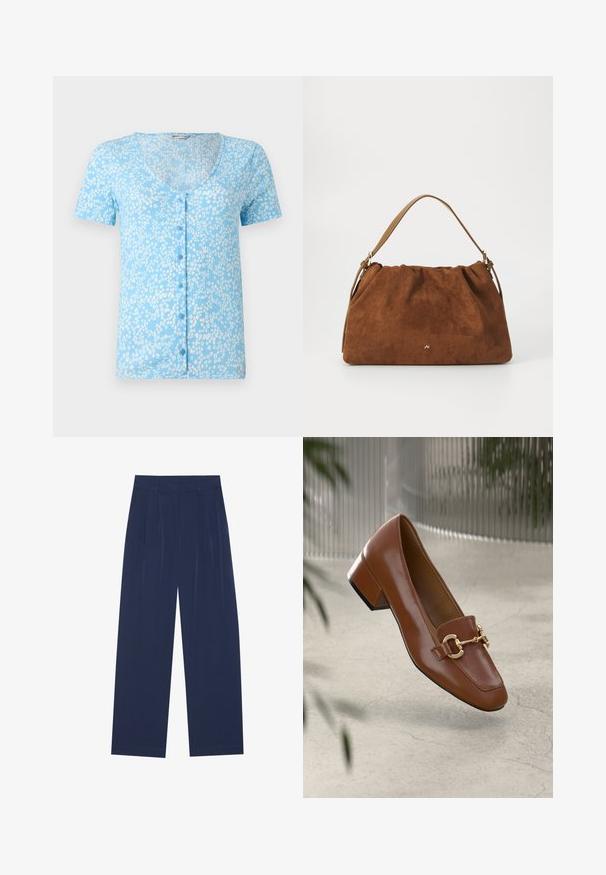 Light blue short-sleeve top with a deep V-neck and front buttons. Features a textured fabric with white floral patterns throughout.; Navy blue wide-leg pants made of soft fabric, featuring front pleats, a smooth texture, and a straight fit with no visible pockets.; Brown patent leather loafer with square toe, metallic chain accent, and low block heel; smooth texture, minimalist design.; Brown suede handbag with a gathered design, featuring a single tan leather strap and a subtle gold logo detail on the front.