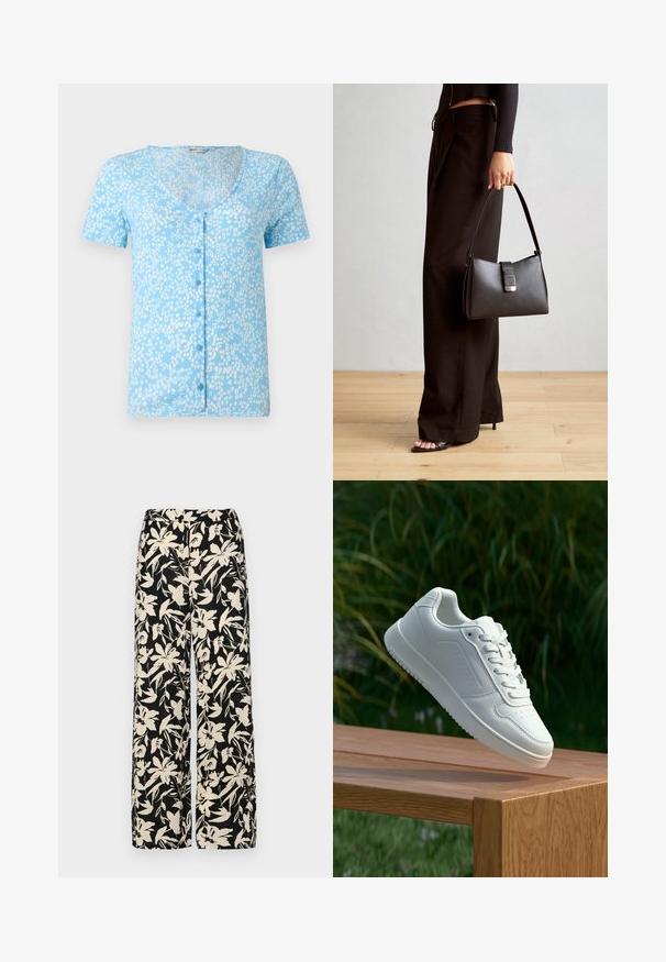 Helles blauer Kurzarm-Oberteil mit tiefem V-Ausschnitt und vorderen Knöpfen. Besitzt einen strukturierten Stoff mit weißen Blumenmustern.; Schwarze weit geschnittene Hose mit einem cremefarbenen Blumenmuster. Hergestellt aus leichtem Stoff, mit einer glatten Textur und einem hohen Bund.; Weiße Sneaker mit einem glatten, synthetischen Obermaterial, perforierter Zehenbox, flachen Schnürsenkeln und einer strukturierten Sohle, präsentiert auf einer Holzoberfläche.; Schwarze Handtasche mit strukturierter Form, glatter Textur und einem metallischen Verschluss. Kombiniert mit weiten schwarzen Hosen und offenen Sandalen auf einem Holzboden.