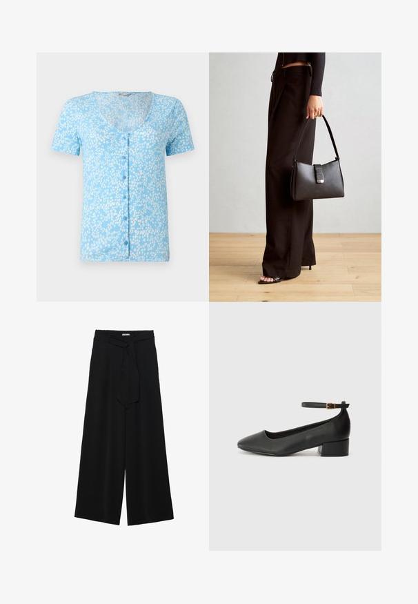 Haut bleu clair à manches courtes avec un décolleté en V profond et des boutons à l'avant. Présente un tissu texturé avec des motifs floraux blancs.; Pantalons larges noirs en tissu texturé, avec une taille élastique et une ceinture à nouer amovible à la taille pour un ajustement variable.; Escarpin en cuir noir avec un bout pointu et un petit talon bloc. Doté d'une bride de cheville avec une boucle dorée. Texture lisse.; Sac à main noir à la forme structurée, texture lisse et fermoir métallique. Associé à un pantalon noir ample et des sandales ouvertes sur un sol en bois.