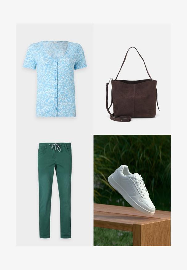 Top corto de color azul claro con cuello en V profundo y botones en la parte delantera. Presenta una tela texturizada con patrones florales en blanco a lo largo.; Pantalones verdes de mezcla de algodón con un diseño de pierna recta, cintura con cordón ajustable y dos bolsillos frontales. Textura suave y sin patrones.; Zapatilla blanca con un upper sintético suave, caja de dedos perforada, cordones planos y una suela texturizada, exhibida sobre una superficie de madera.; Bolso tote de ante marrón con una textura suave, que presenta una sola correa para el hombro y una sutil apertura curva en la parte superior. Sin detalles de herrajes visibles.