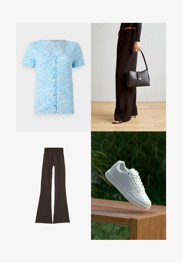 Top azzurro chiaro a maniche corte con scollatura a V profonda e bottoni frontali. Presenta un tessuto testurizzato con motivi floreali bianchi in tutto il capo.; Leggings a campana di un marrone scuro con un'ampia vita a coste. Realizzati in materiale morbido ed elasticizzato, presentano un design senza cuciture e senza hardware visibile.; Sneaker bianco con tomaia in sintetico liscio, punta perforata, lacci piatti e suola testurizzata, esposto su una superficie di legno.; Borsa nera con forma strutturata, texture liscia e una chiusura metallica. Abbinata a pantaloni neri larghi e sandali open-toe su un pavimento in legno.