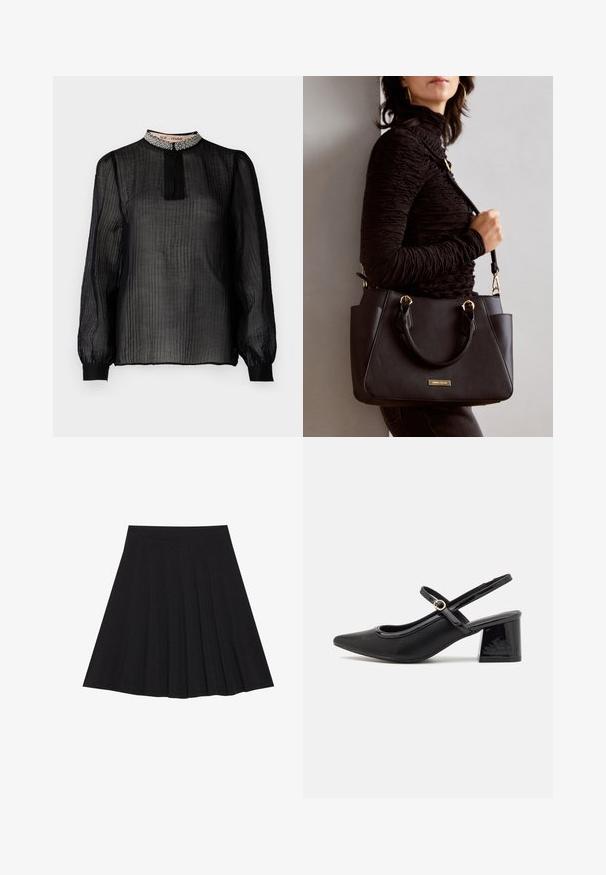 Black, sheer long-sleeve blouse with a pleated design, high collar adorned with beading, and elasticized cuffs.; Black pleated skirt made of textured fabric with a fitted waistband. Falls to knee length, featuring a smooth, clean silhouette.; Black patent leather slingback heels with a pointed toe, a rounded cutout design, and a block heel. Features a gold-tone buckle accent.; Black handbag with textured surface, dual top handles, and adjustable shoulder strap. Features gold-tone hardware and side pockets.