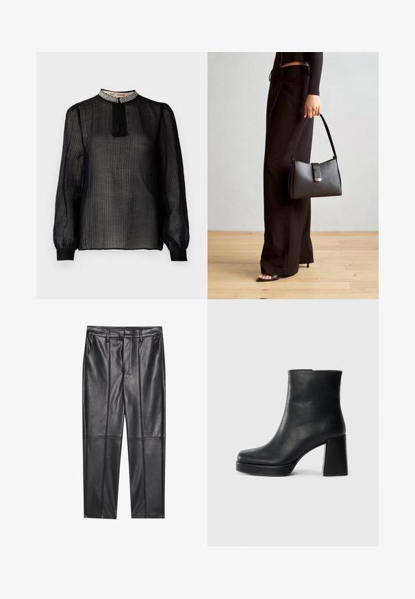 Black, sheer long-sleeve blouse with a pleated design, high collar adorned with beading, and elasticized cuffs.; Black leather trousers with a smooth texture, featuring a straight fit, two front pockets, and visible seam detailing.; Black leather ankle boot with a block heel and platform sole, viewed from the side on a plain white background.; Black handbag with structured shape, smooth texture, and a metallic clasp. Paired with wide black pants and open-toe sandals on wooden floor.