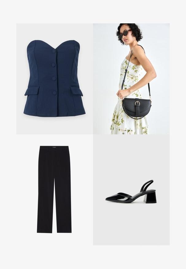 Marineblå strapless top med en sweetheart-udskæring, frontknapper og sidelommer. Lavet af glat stof med en skræddersyet pasform.; Sorte fløjl bukser med lige snit, der har en flad talje og ingen synlige lommer, glat tekstur og lodrette ribbede detaljer.; Sorte patentlæder slingback hæle med spids tå og en geometrisk blok hæl. Har et elegant, minimalistisk design og en glat tekstur.; Sort læderhåndtaske med en buet form, aftagelig rem og guldfinish. Tasken har en klap med en spænde detalje.