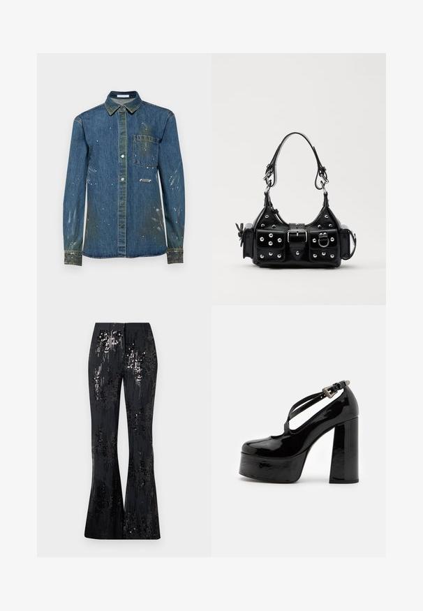 Męska koszula dżinsowa, niebieska z przetarciami i plamami białej farby, z zapięciem na guziki, długimi rękawami, kieszenią na piersi oraz ucharakteryzowanym kołnierzykiem.; The Kooples SEUL czarny; The Kooples CHAUSSURES czarny; Czarna skórzana torebka w zakrzywionym kształcie, z srebrnymi ćwiekami, klamrą i dwoma bocznymi kieszeniami. Regulowany pasek umożliwiający różne opcje noszenia.