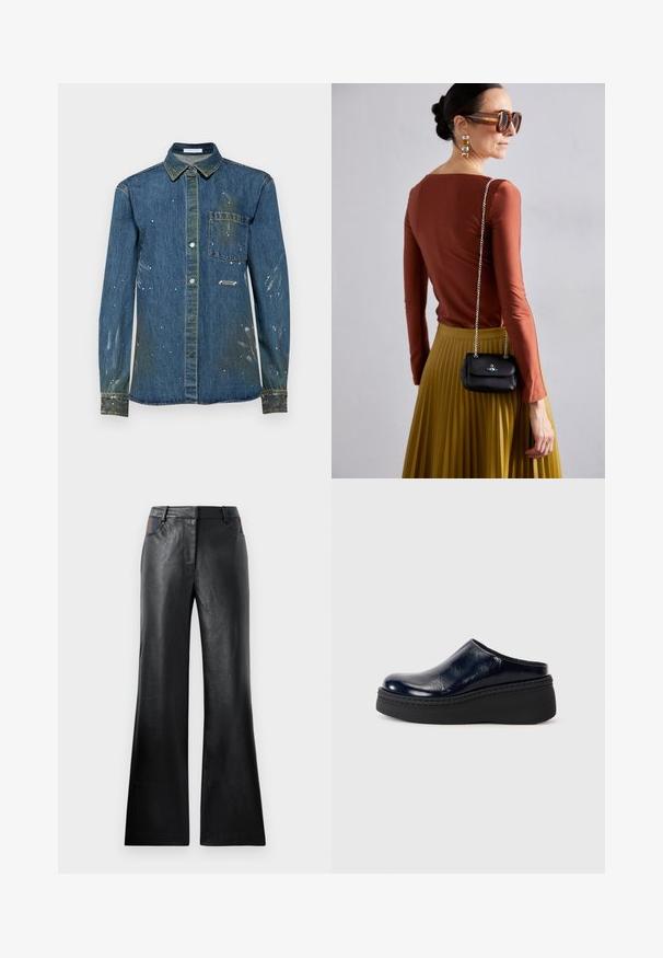 Męska koszula dżinsowa, niebieska z przetarciami i plamami białej farby, z zapięciem na guziki, długimi rękawami, kieszenią na piersi oraz ucharakteryzowanym kołnierzykiem.; Czarne skórzane spodnie dzwony o gładkiej teksturze, z dwoma przednimi kieszeniami ozdobionymi czarnymi i brązowymi akcentami w okolicy talii.; Granatowe klapki z lakierowanej skóry o gładkim wykończeniu, posiadające grubą czarną platformę oraz widoczne przeszycia wzdłuż podstawy.; Vivienne Westwood - Torba na ramię