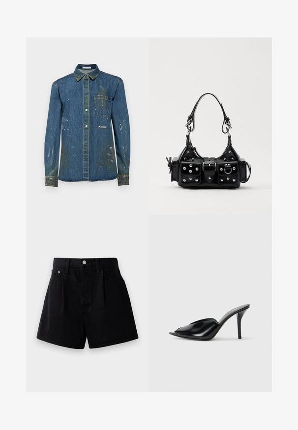 Herren Denimhose, blau mit abgewaschenen Stellen und weißem Farbspritzer, mit Knopfleiste, langen Ärmeln, Brusttasche und spitzem Kragen.; Schwarze Denim-Shorts mit gerader Passform, ausgestattet mit einem Knopfverschluss, zwei vorderen Taschen und einem weichen, strukturierten Stoff.; Schwarze Leder-High-Heels mit offener Zehenpartie, spitzem Design, glatter Textur und schmalem Stiletto-Absatz.; Schwarze Lederhandtasche mit einem geschwungenen Design, verziert mit silbernen Nieten, einer Schnalle und zwei seitlichen Taschen. Verstellbarer Träger für verschiedene Tragemöglichkeiten.