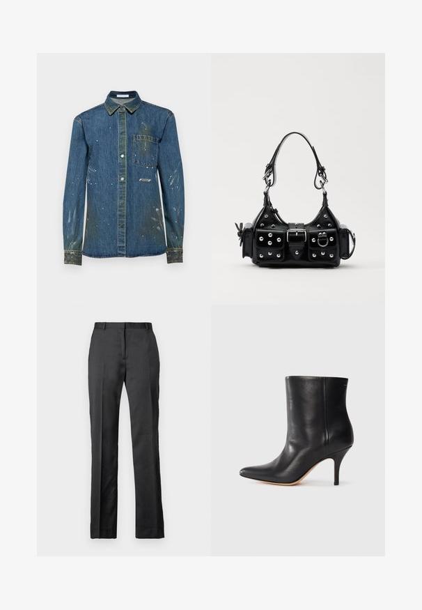 Mandens denimskjorte, blå med slidte pletter og hvid malingstænk, knap-op design, lange ærmer, brystlomme og spids krave.; Skræddersyede sorte bukser fremstillet af et glat stof. Har en lige ben-design, flad front og diskret strækdetalje.; Sort læder ankelstøvle med spids tå, slank stiletthæl og glat tekstur. Minimalistisk design uden synligt hardware eller accenter.; Sort læderhåndtaske med et buet design, prydet med sølvfarvede nitter, en spænde og to sidelommer. Justerbar rem til forskellige bære muligheder.