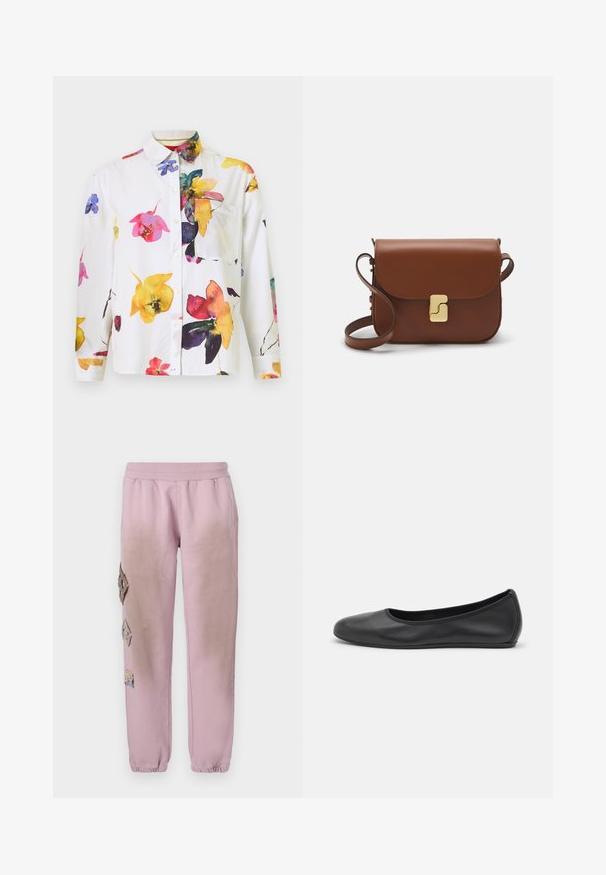 Hvid skjorte med knaplukning, der har et farverigt blomsterprint i pink, gul og blå. Inkluderer en brystlomme og lange ærmer.; Hvid kortærmet t-shirt lavet af ribbet stof. Rund halsudskæring, almindelig pasform og subtile syninger. Ingen mønstre eller grafik.; Lyserøde sweatpants med elastisk talje, prydet med dekorative patches i diamantform på venstre side og elastiske manchetter ved anklerne.; Sort læderballetsko med rund tå, glat tekstur, minimal syning og et fleksibelt såldesign.; Brun læder håndtaske med flaplukning, hardware i gyldent tone, en skulderrem og en glat overflade. Kompakt rektangulær form.