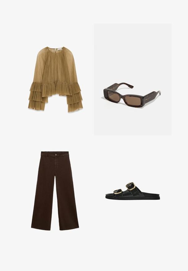 Top marrone plissettato con maniche a campana, caratterizzato da volant stratificati ai polsini e al collo. Realizzato in tessuto leggero e testurizzato.; Pantaloni larghi marroni in misto cotone, caratterizzati da orlo sfrangiato, chiusura frontale con bottone e classico design a cinque tasche. Minimalisti e versatili.; Infradito neri con due accenti di fibbia dorata, materiale dalla texture liscia, suola piatta e design minimalista.; Occhiali da sole Gucci con lenti rettangolari marroni, montatura in acetato tartarugato e dettagli del logo dorato sulle tempie.