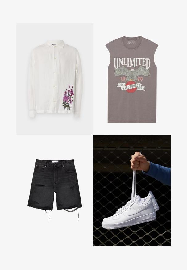 Camicia bianca in lino con maniche lunghe, chiusura a bottoni e vivaci ricami floreali rosa sul lato inferiore destro. Texture morbida.; Canottiera grigia senza maniche con grafica di un'aquila, testo "UNLIMITED WILDERNESS" e un design di globo rosso. Tessuto in cotone morbido con vestibilità comoda.; PULL&BEAR BERMUDA - Shorts di jeans - black; Sneakers in pelle bianca con perforazioni, punta rotonda, suola piatta e lacci spessi, con logo swoosh visibile e "AIR" sul tallone.