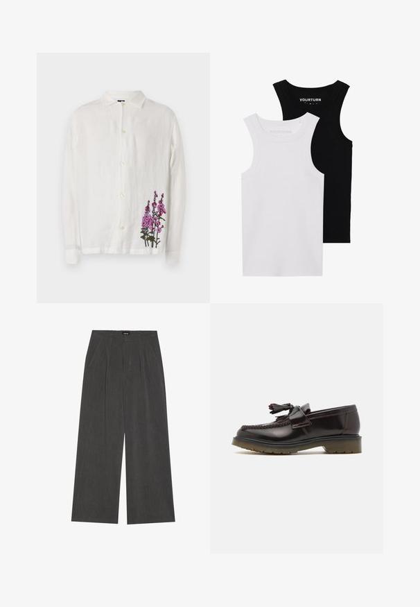 Biała lniana koszula z długimi rękawami, z zapięciem na guziki i intensywnie różowym haftem kwiatowym w dolnym prawym rogu. Miękka faktura.; Dwa dopasowane topy na ramiączkach w kolorze czarnym i białym. Wykonane z prążkowanej bawełny, mają szerokie ramiączka i zaokrąglone dekolty. Logo na kołnierzu.; Spodnie o szerokich nogawkach w ciemnoszarym kolorze, z plisowanym przodem, dwiema bocznymi kieszeniami i płaskim pasem. Gładka tekstura i dopasowany krój.; Brązowe skórzane loafersy o plecionym wzorze, z chwostem i płaską gumową podeszwą. Charakteryzują się gładkim wykończeniem i kontrastowym ściegem.