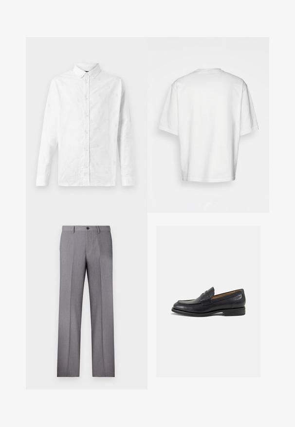 Camicetta bianca a maniche lunghe in cotone, caratterizzata da un ricamo a motivi discreti, colletto con bottoni e chiusura frontale con bottoni.; T-shirt bianco a maniche corte, vestibilità ampia, collo rotondo, in morbido cotone, retro senza decorazioni, orlo dritto, senza fantasie o dettagli.; Pantaloni grigi su misura con frontale piatto, due tasche laterali e chiusura a un bottone. Tessuto liscio con un sottile motivo a righe verticali.; Mocassini in pelle nera con finitura liscia, punta arrotondata e cuciture decorative sulla tomaia. Tacco basso impilato e leggero lucido.