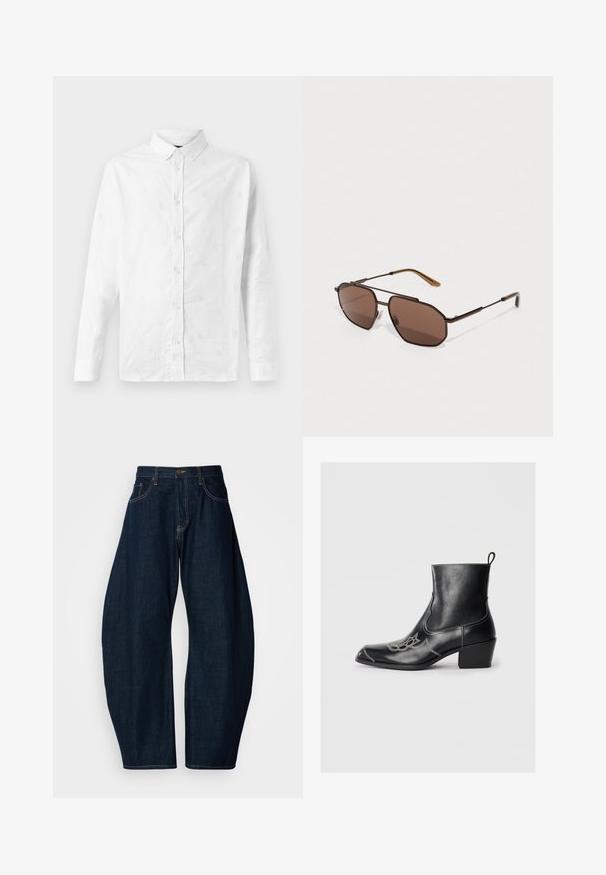 Valkoinen pitkähihaisen paita, joka on valmistettu puuvillasta, ja jossa on hienovarainen brodeeraus koko paidan ympäri, nappikaulus ja etunappikiinnitys.; Tummansiniset farkut, joissa on leveä lahkeiden muotoilu, erkkeritikkaukset, viisi taskua ja messinkinen nappikiinnitys vyötäröllä.; Mustat nahkaiset nilkkurit, joissa on neliönmuotoinen kärki, koristeompeleet ja matala blokki korko. Varusteena vetonauha helppoa pukemista varten.; Ruskeat oktaaliset aurinkolasit ohuella mustalla metallikehyksellä, jota korostavat ruskeat temppelit. Tummat sävytetyt linssit tarjoavat UV-suojan.