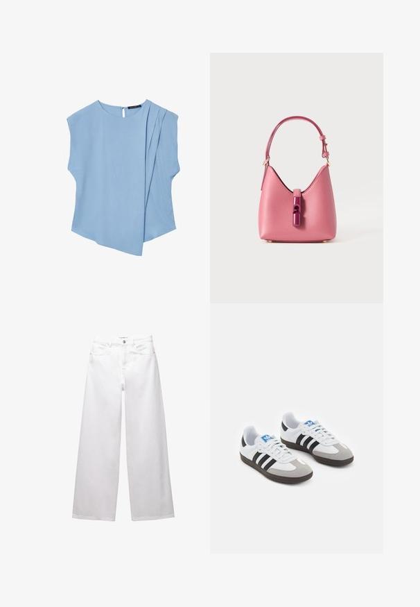 Blusa senza maniche azzurro chiaro con davanti drappeggiato asimmetrico e scollatura rotonda, chiusura con bottoni sul colletto posteriore.; Jeans bianchi a gamba larga realizzati in denim. Presentano chiusura con bottone, tasche anteriori e posteriori, e cuciture rinforzate. Tessuto liscio con dettagli minimi.; Scarpe sportive con tomaia in pelle bianca, punta in suede grigia e tre strisce nere. Presentano un logo blu sulla linguetta e una suola in gomma testurizzata.; Borsa in pelle rosa con una forma strutturata, caratterizzata da una chiusura lucida e una sola tracolla regolabile. Finitura texturizzata con hardware dorato.
