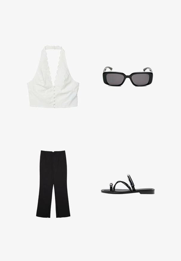 Weißes, kurzes Trägershirt mit gewellten Kanten, strukturiertem Stoff und tiefem V-Ausschnitt. Verfügt über eine Knopfleiste auf der Vorderseite.; Schwarze Hose mit geradem Schnitt, ausgestattet mit Fronttaschen und Seitenschlitzen am Saum. Hergestellt aus weichem, glattem Stoff. Geeignet für verschiedene Anlässe.; Schwarze flache Sandalen mit glänzender Oberfläche, drei dünnen Riemen und einem runden Hardware-Detail an den Zehen. Elegantes Design mit einem minimalen Absatz.; Schwarze rechteckige Sonnenbrille mit dunklen Gläsern, glattem Kunststoffrahmen und gebogenen Bügeln. Das Design ist klobig mit einer minimalistischen Ästhetik.