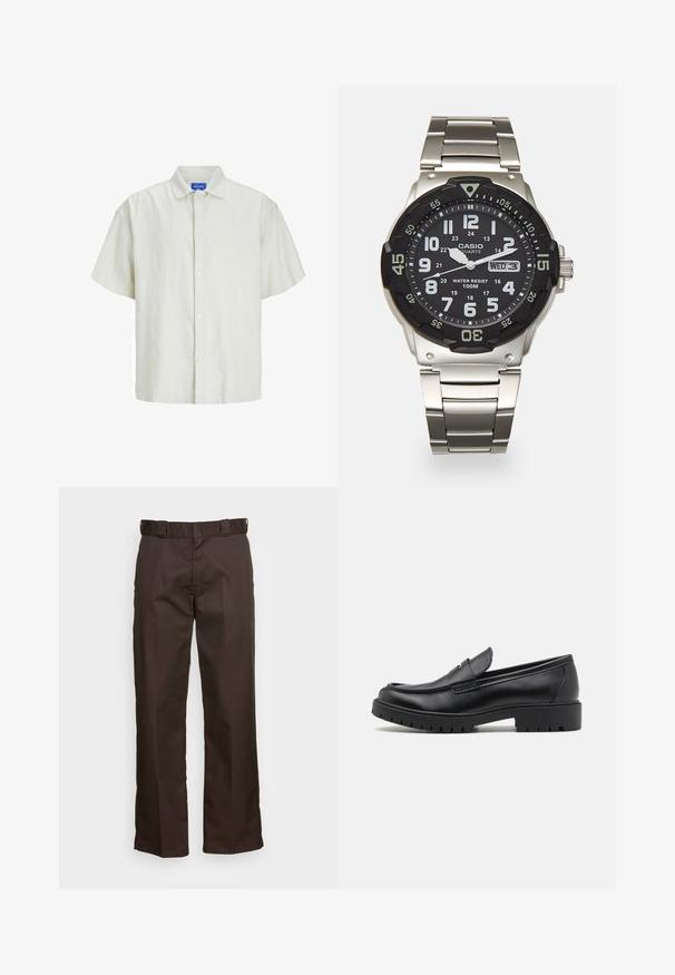 Kortærmet, lysegrønt skjorte med knapper lavet af et struktureret stof, med en klassisk krave og seks hvide knapper fortil.; Hvid ærmeløs tanktop lavet af ribbet bomuld. Har en rund halsudskæring og en glat tekstur. Etiketten siger "PULL&BEAR."; Brune bukser med lige ben, der har en flad front, bæltesløjfer og en glat overflade. Simpelt design uden mønstre eller detaljer.; Sorte læder loafers med rund tå, slip-on design og tyk gummisål med tekstureret greb. Forhøjet hæl og subtile syninger.; Metal kvartsur med sort urskive, hvide tal og datoviser. Har en urkasse i rustfrit stål og en vandmodstand på 100 m.