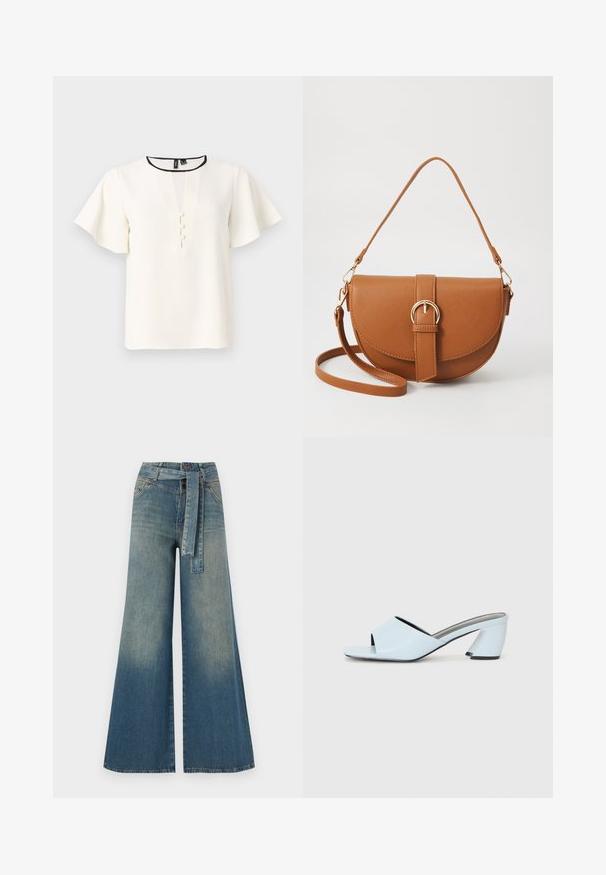 Blusa bianca con maniche corte e svasate, scollo a V e tre bottoni decorativi lungo il davanti. Rifinita con un colletto nero.; Pantaloni in denim a gamba larga con una sfumatura che va dal blu chiaro al blu scuro, vita alta, passanti per cintura e una cintura in tessuto coordinato. Finitura in denim strutturato.; Mule aperte di colore blu chiaro con punta aperta e design geometrico, dotate di una fascia larga che attraversa il piede e di un tacco spesso e angolare.; Borsa a tracolla in pelle marrone con forma curvata, hardware dorato e un dettaglio con fibbia. Presenta una tracolla rimovibile.