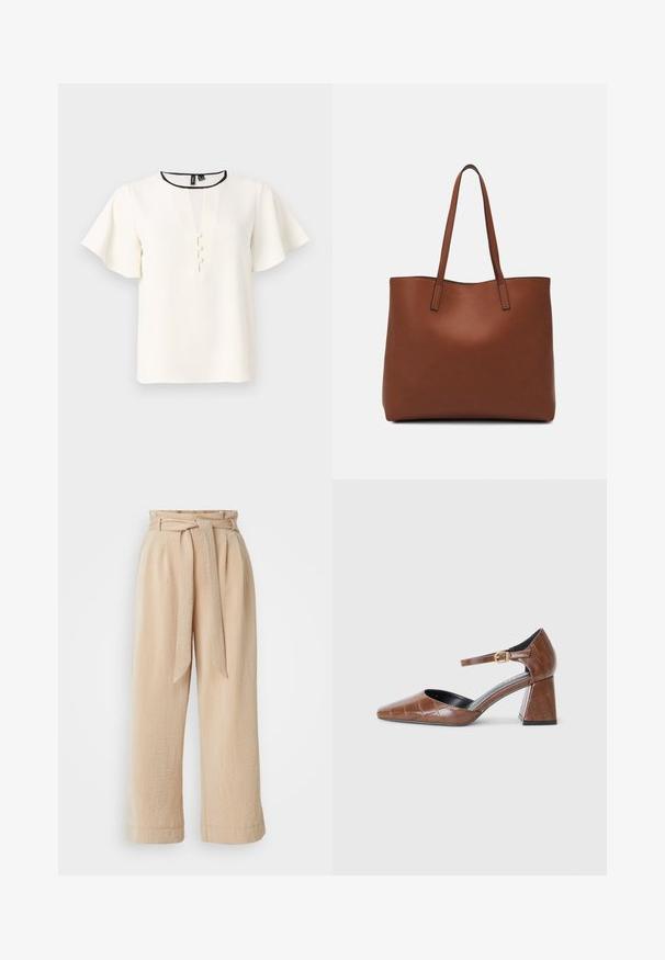 Hvit bluse med korte, utstyrte ermer, V-hals, og tre dekorative knapper foran. Kantet med en svart hals.; Beige vide bukser med belte i midjen, laget av teksturert stoff. Har en frontfold og en jevn finish langs kanten.; Brune lakksandal med firkantet tå, teksturert krokodillemønster, ankelreim med gullspenne og en tykk hæl.; Brun lær tote veske med en jevn tekstur, åpen toppdesign og to skulderstropper. Har minimal søm og ingen synlige spiker.