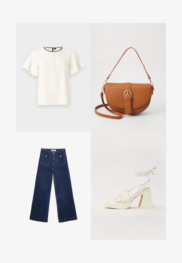 Valkoinen paita, jossa on lyhyet, levenevät hihat, V-pääntie ja kolme koristeellista nappia edessä. Mustalla viimeistelyllä kaula-aukossa.; Tummansiniset leveälahkeiset farkut, joissa on kaksi etutaskua koristeellisin nappikuvioin ja suora lahje.; Valkoinen korkokenkä, jossa on paksu korko, ja joka sisältää nauhakiinnityksen ja nilkkaketjun. Sujuva pinta, jossa on platform-etupohja lisäkorkeutta varten.; Ruskean nahkainen olkalaukku, jossa on kaareva muoto, kultaiset yksityiskohdat ja solkiyksityiskohta. Varustettu irrotettavalla olkahihnalla.