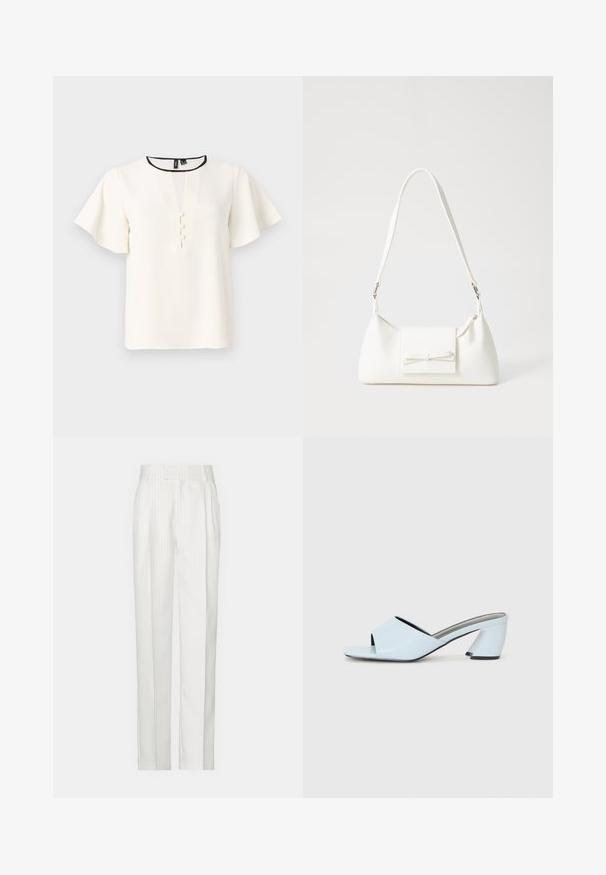 White blouse with short, flared sleeves, a V-neckline, and three decorative buttons down the front. Trimmed with a black neckline.; White pinstriped trousers with a straight leg design, made from a lightweight fabric. Features pleats at the front and a traditional waistband.; Light blue open-toe heeled mules with a geometric design, featuring a wide strap across the foot and a chunky, angular heel.; White synthetic handbag with a triangular shape, flat front flap and bow detail, adjustable strap, smooth texture, and minimalistic design.