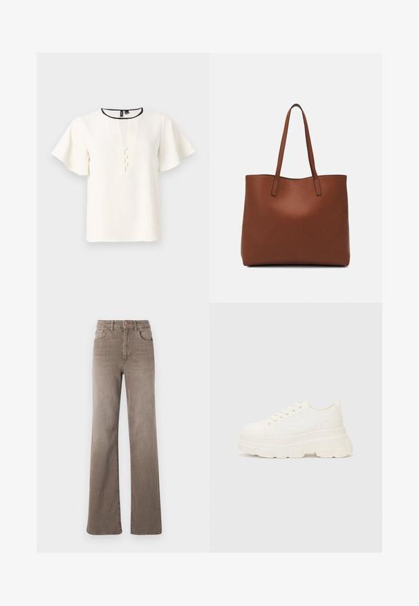 Valkoinen paita, jossa on lyhyet, levenevät hihat, V-pääntie ja kolme koristeellista nappia edessä. Mustalla viimeistelyllä kaula-aukossa.; Kuhun ruskeat korkeavyötäröiset suorat farkut etuvipusella, vyölenkeillä ja klassisella viiden taskun muotoilulla valkoista taustaa vasten.; Valkoinen kangaskenkä paksulla pohjalla, pyöreällä kärjellä ja viidellä nauhakuutiolla. Takareunan vipu helpottaa pukemista. Sileä pinta, minimalistinen muotoilu.; Ruskea nahkainen olkalaukku, jossa on sileä pinta, avoin yläosa ja kaksi olkahihnaa. Omaavat vain minimaalisen ompelun eikä näkyvää metalliosaa.