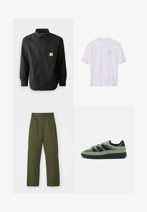 Črna majica z dolgimi rokavi z gumbnim zapenjanjem, koničastim ovratnikom in žepom na prsih, ki ima logotip. Mehka, teksturirana tkanina.; Bela bomba majica iz bombaža z modrim grafičnim dizajnom na levem prsnem delu, ki bere "Dumpling Oasis" z preprostimi risanimi akcenti. Kratke rokave.; Olivno zelene hlače z visokim pasom in ravnim krojem. Narejene iz lahkotnega materiala, z sprednjimi gubami in gumbnim zapiranjem.; Zelene semišne tenisice z črnimi mrežastimi detajli, ki imajo tri črne črte, okrogle vezalke in teksturiran črn gumijast podplat.